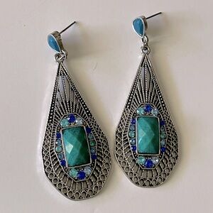 Art Deco blue faux turquoise pierced fashion dangling earrings, Gatsby statement
